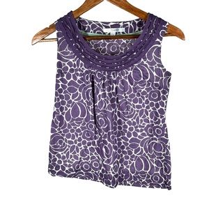 Boden Women Sz 2 Sleeveless Purple White Floral Ruffle Neck Blouse
